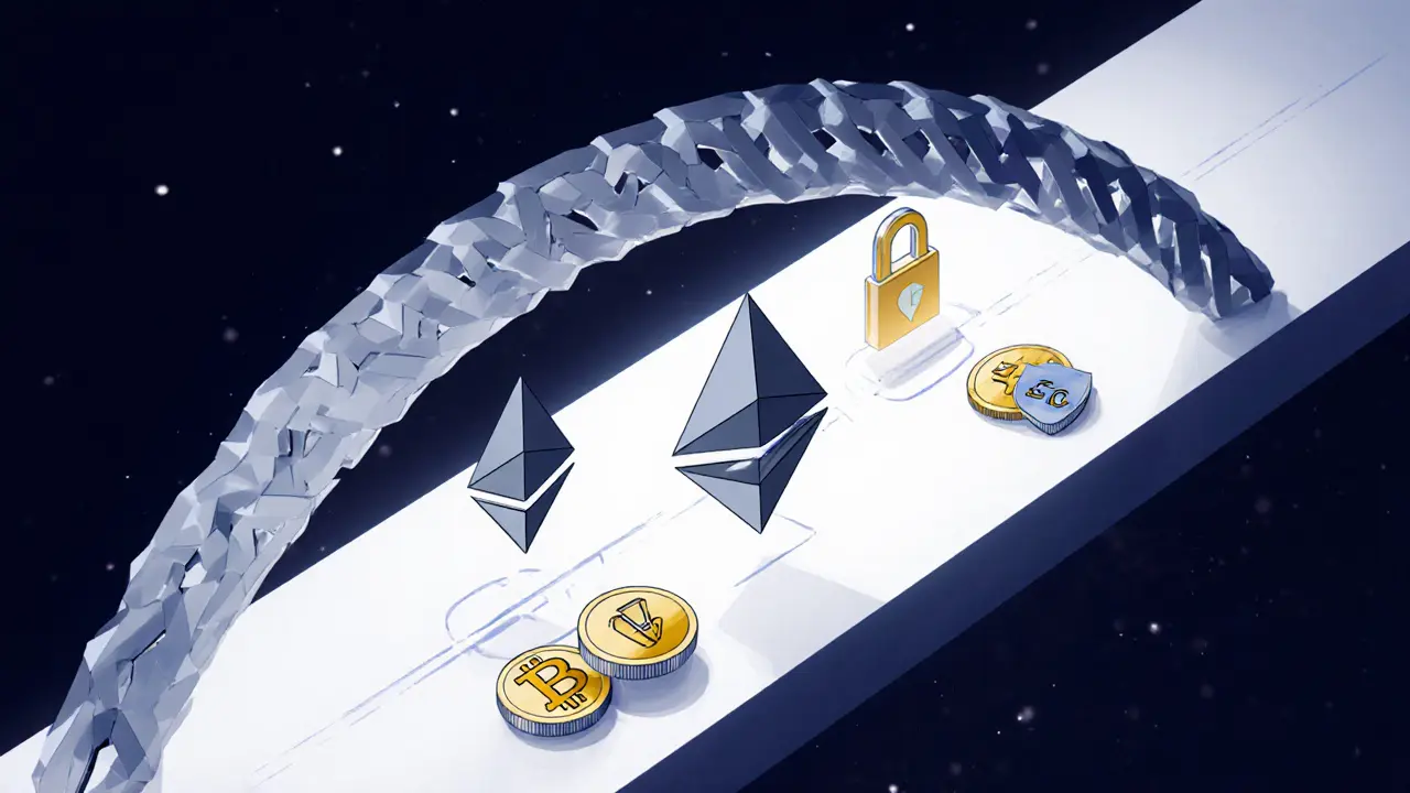 Design sketch of a futuristic bridge linking Ethereum and Solana with wrapped tokens.