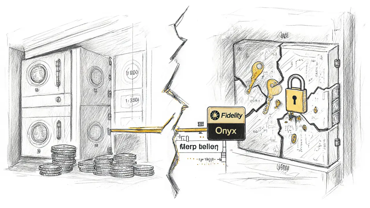 Dual-panel custody system contrast showing traditional vaults and cracked digital vault with trust gap