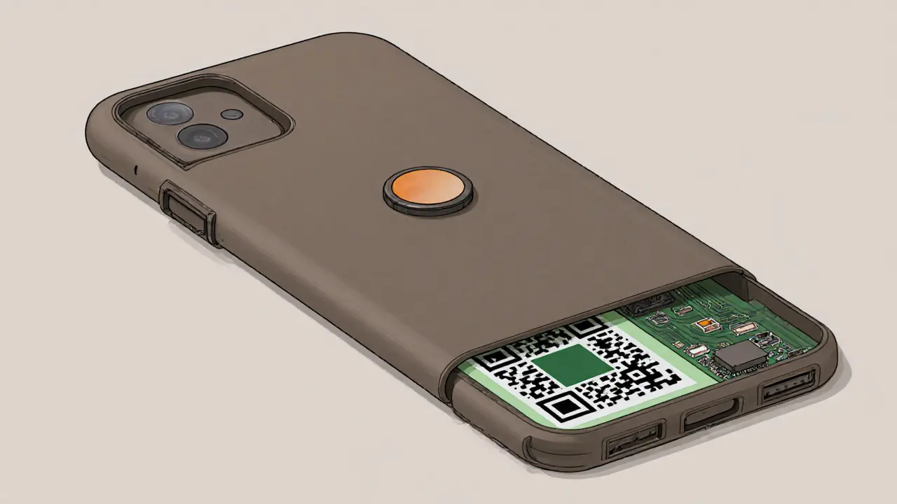 Encrypted crypto wallet smartphone case with discreet QR scanner and secure buttons.