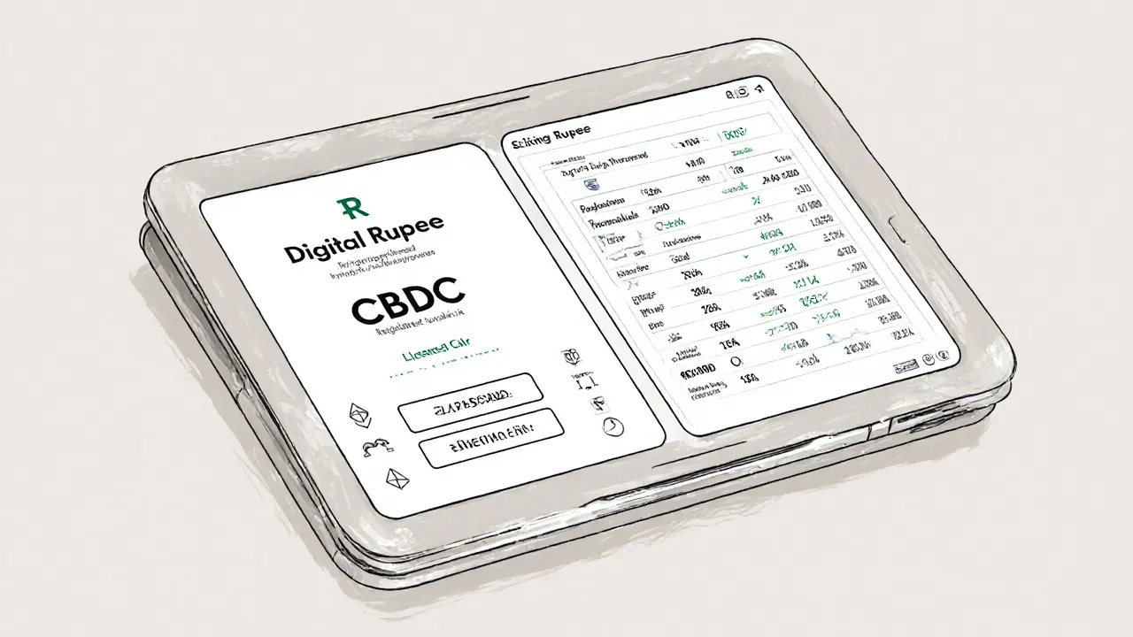 Foldable financial terminal showing Digital Rupee and licensed crypto trading side by side