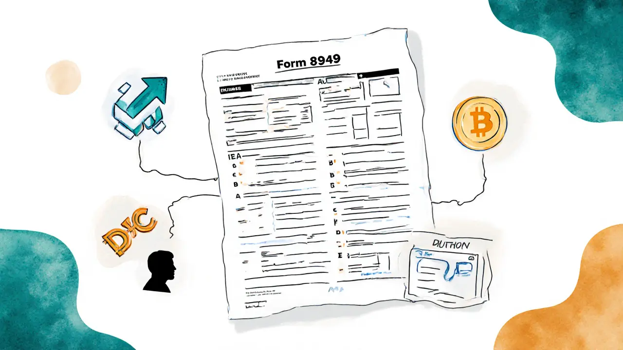 Form 8949 layout sketch with abstract columns A, B, C and exchange icons.