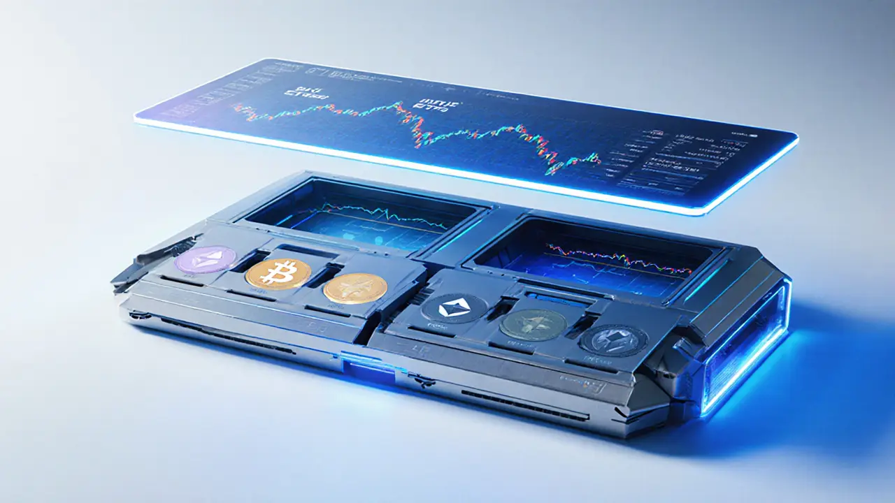 Futuristic modular crypto ETF device with glowing slots and holographic dashboard.