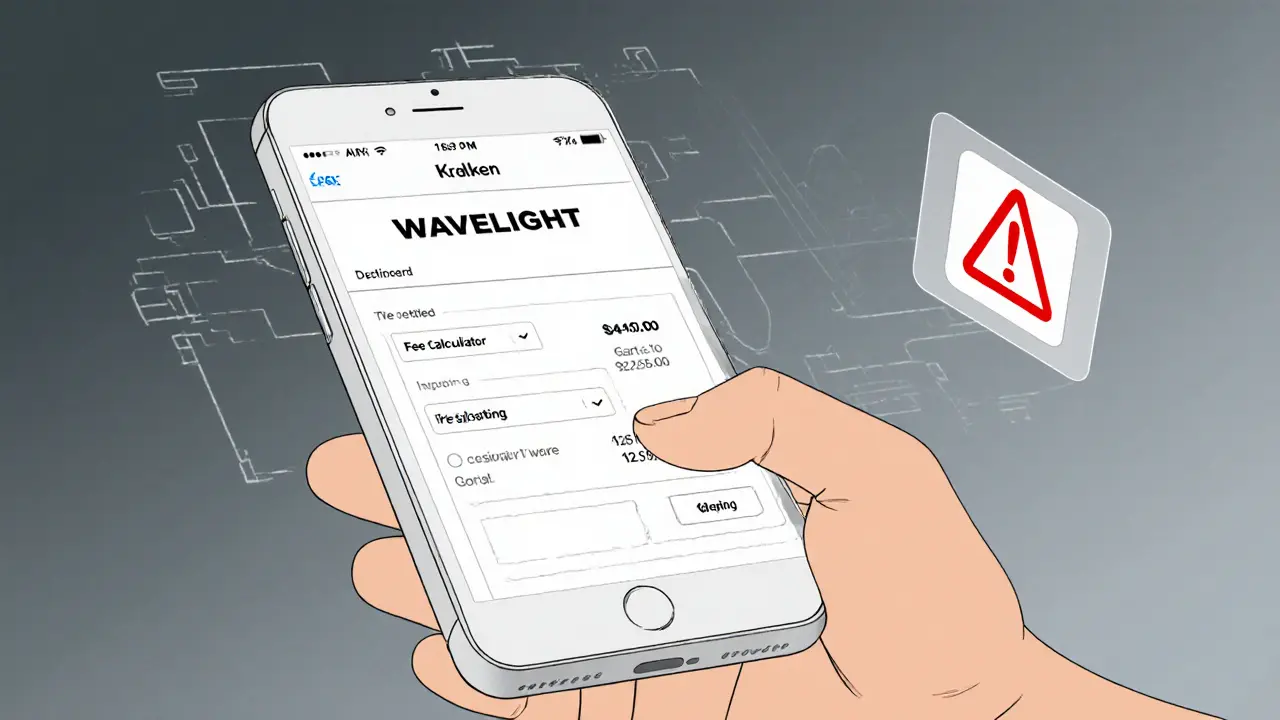 Hand holding phone with Wavelength app, Kraken logo ghosted nearby, warning icon visible.