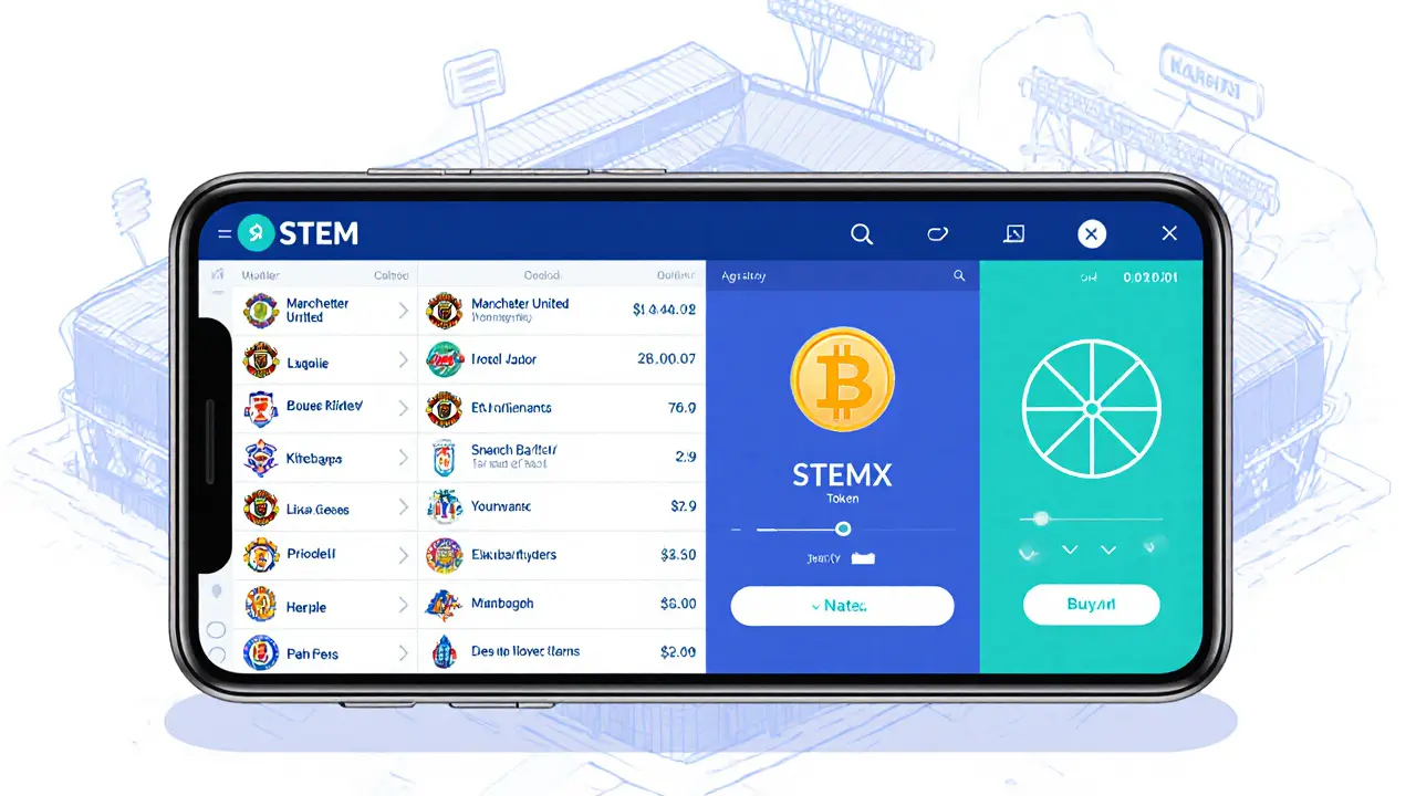 Isometric sketch of a handheld device showing team tokens, STEMX buy button, and voting wheel.