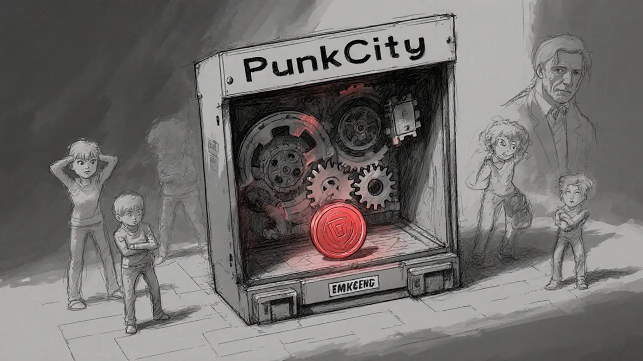 Mechanical puzzle box with a trapped token, symbolizing an inescapable game economy.