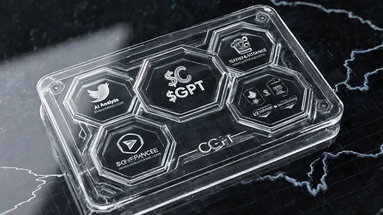 Modular wallet interface with hexagonal panels for $CGPT features and social task icons.