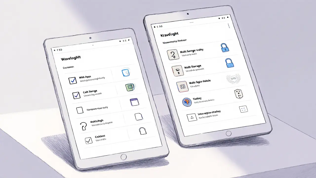 Product design sketch comparing Wavelength and Kraken security features on tablet mock-ups.