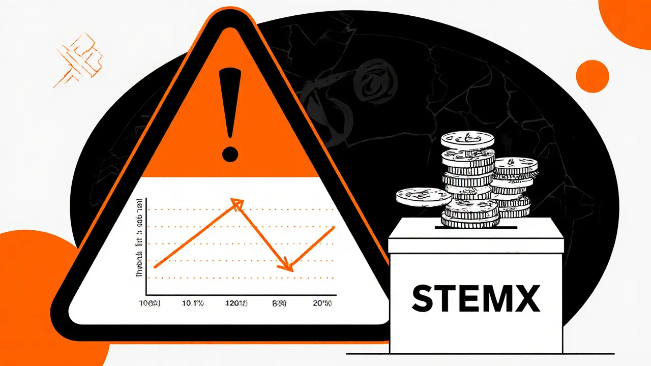 Risk warning sketch with a hazard sign, thin liquidity graph, and governance ballot box.