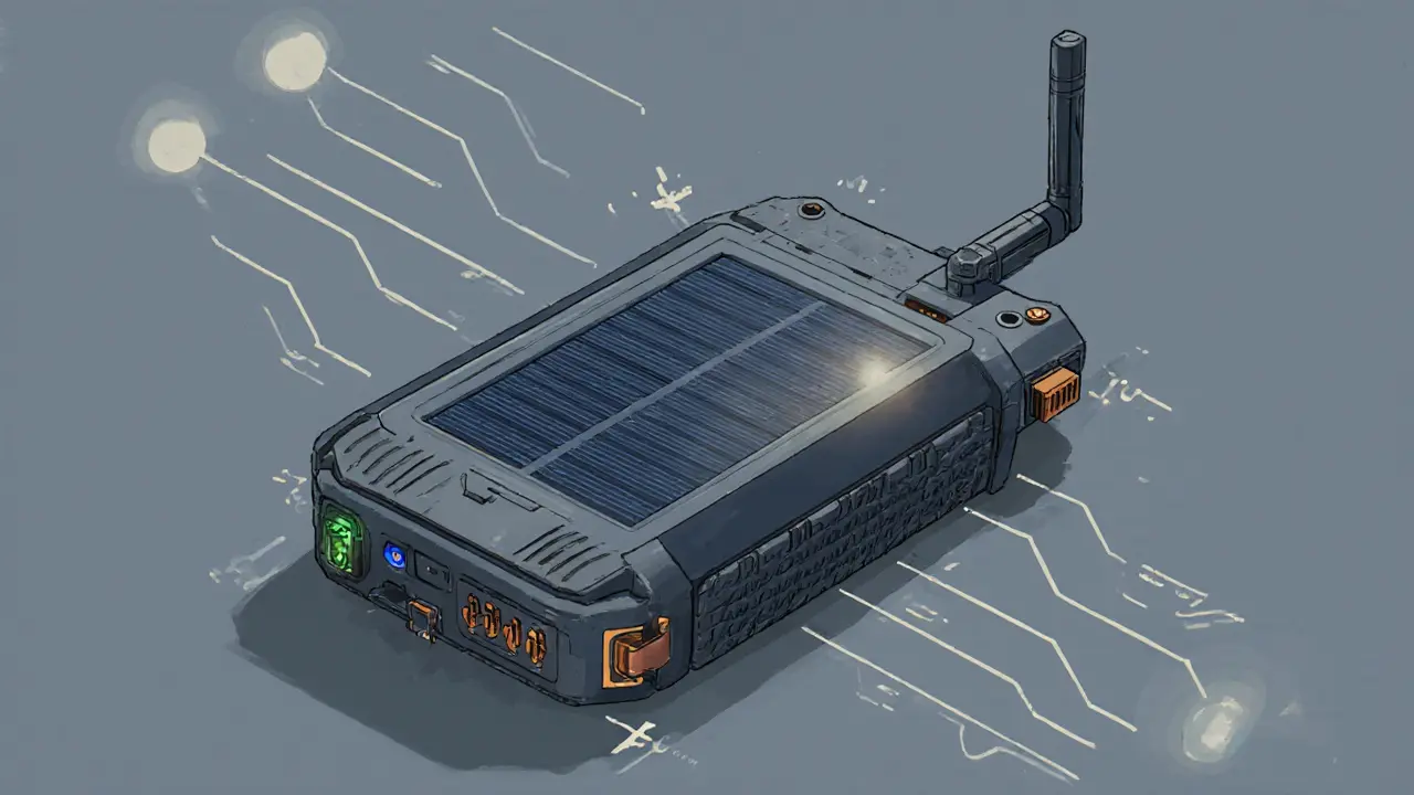 Rugged pocket mesh‑network router with solar panel and antenna, illustrated in product sketch style.