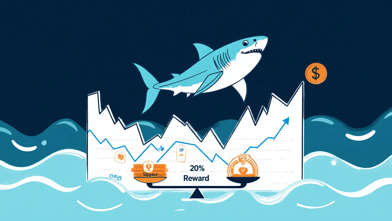 Shark token above wavy graph indicating low liquidity and high slippage with risk‑reward scale.