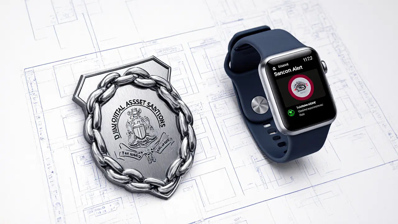 Sketch of a badge and smartwatch concept for a digital asset sanctions task force.