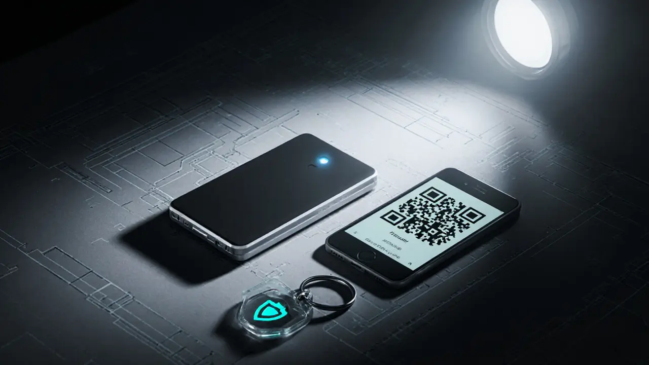 Sketch of a compact hardware wallet with LED and nearby security elements.