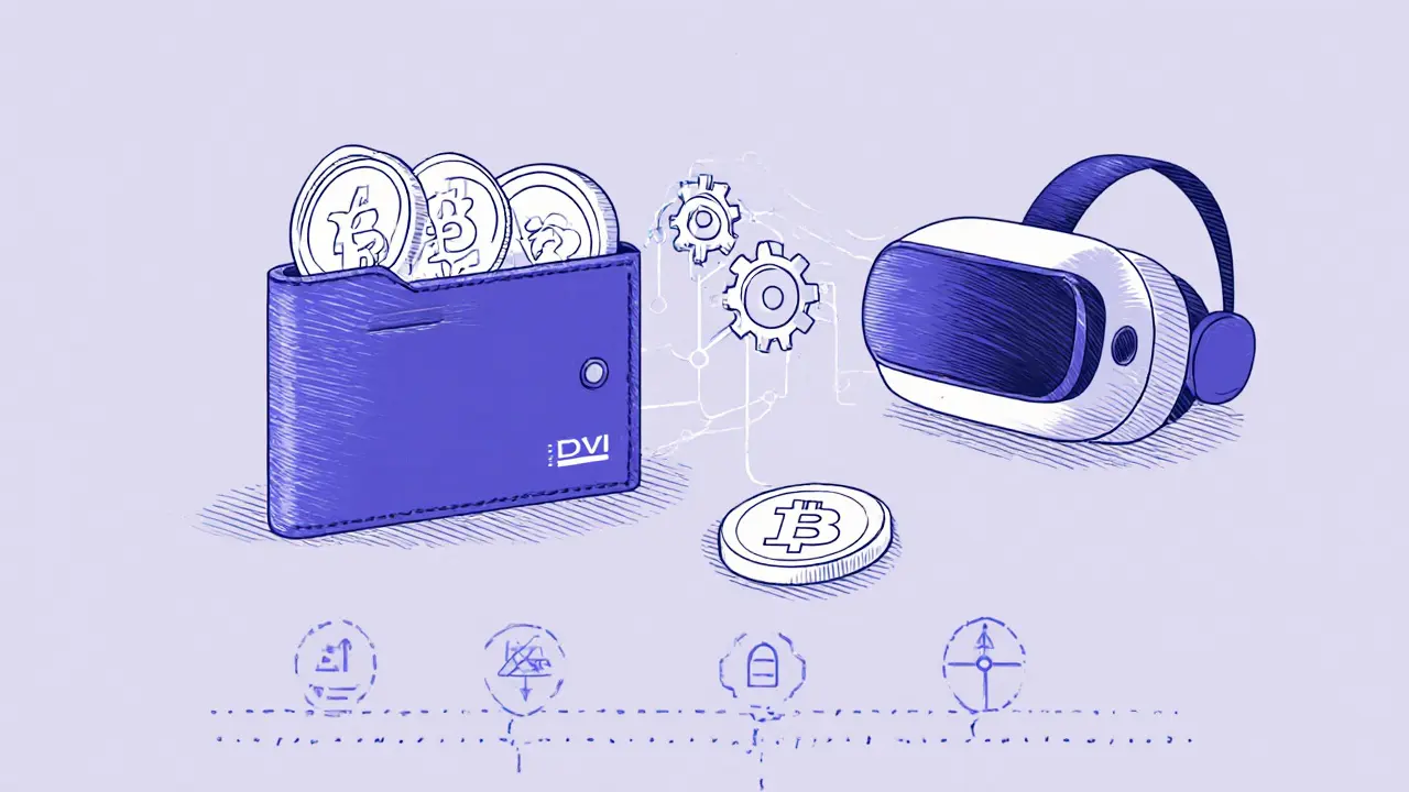 Sketch of a digital wallet with DVI tokens, VR headset, staking diagram, roadmap.