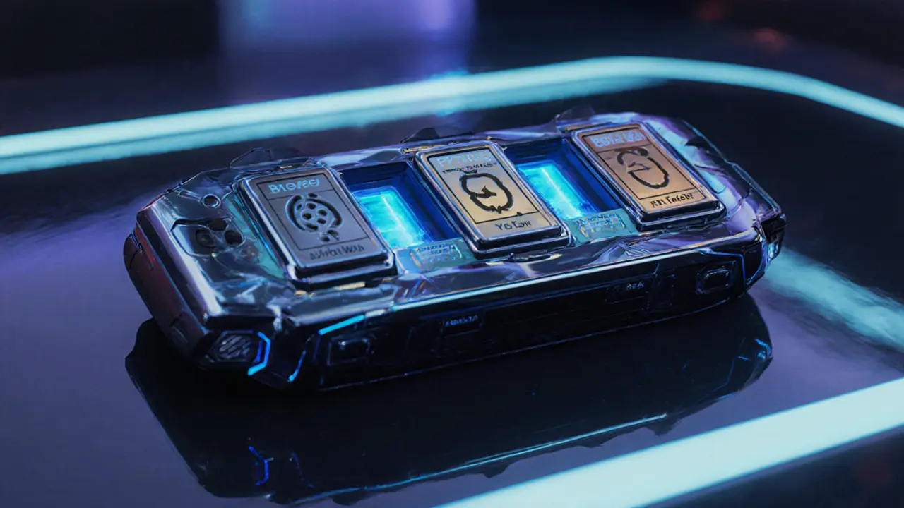 Sketch of a futuristic console with NFT cartridge slots for Bronze, Silver, Gold editions.