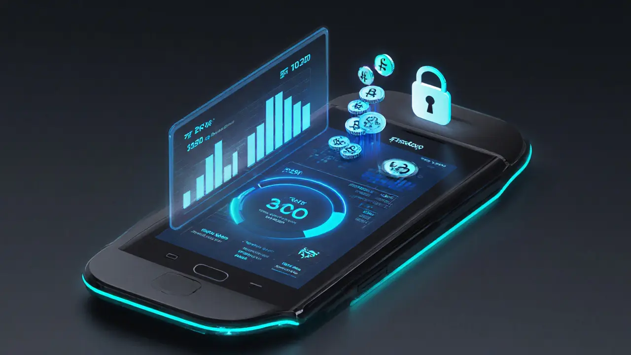 Sketch of a futuristic handheld device showing a blue staking dashboard.