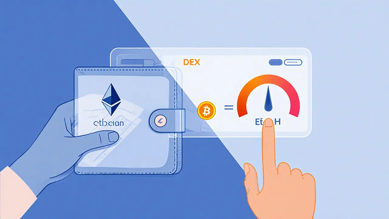 Sketch of a hand swapping ETH for Ishi in a wallet with a large gas‑fee meter.