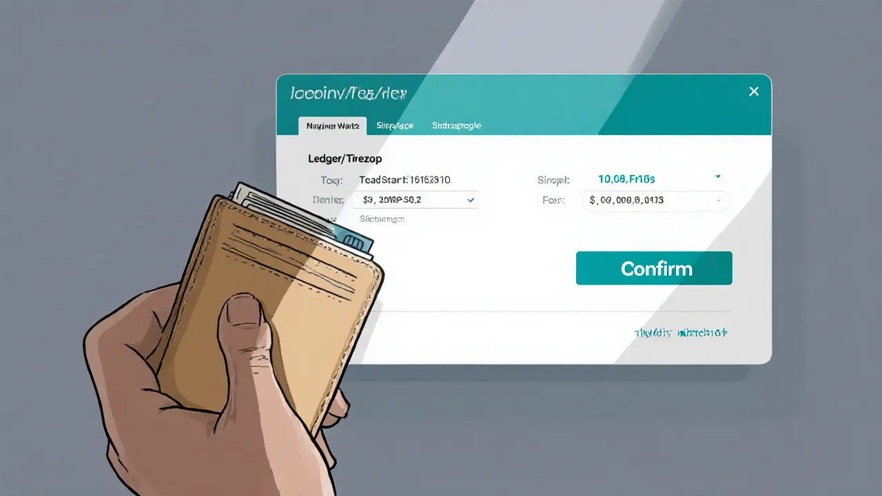 Sketch of a hardware wallet next to a transaction preview screen showing swap details.