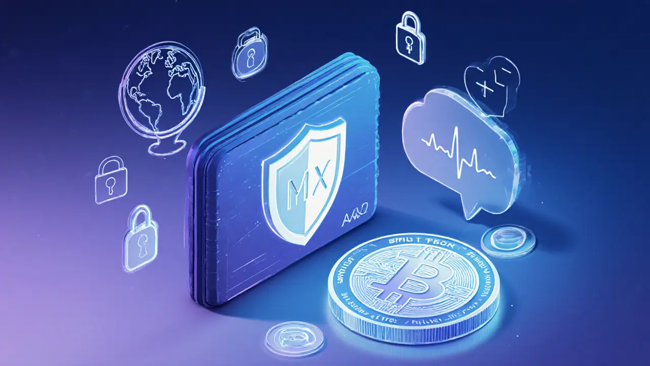 Sketch of a hardware wallet with shield, floating lock icons, and a rotating MDX token indicating security and privacy.