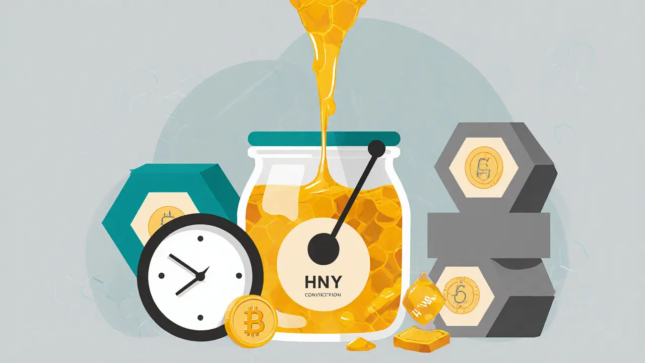 Sketch of a honey‑filled gauge illustrating Conviction Voting for HNY.