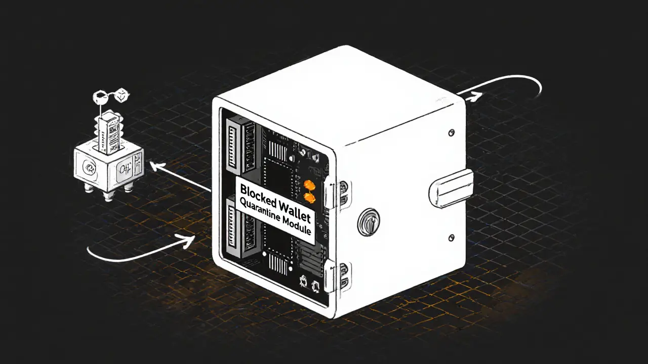 Sketch of a lockable hardware box for quarantining blocked crypto wallets.