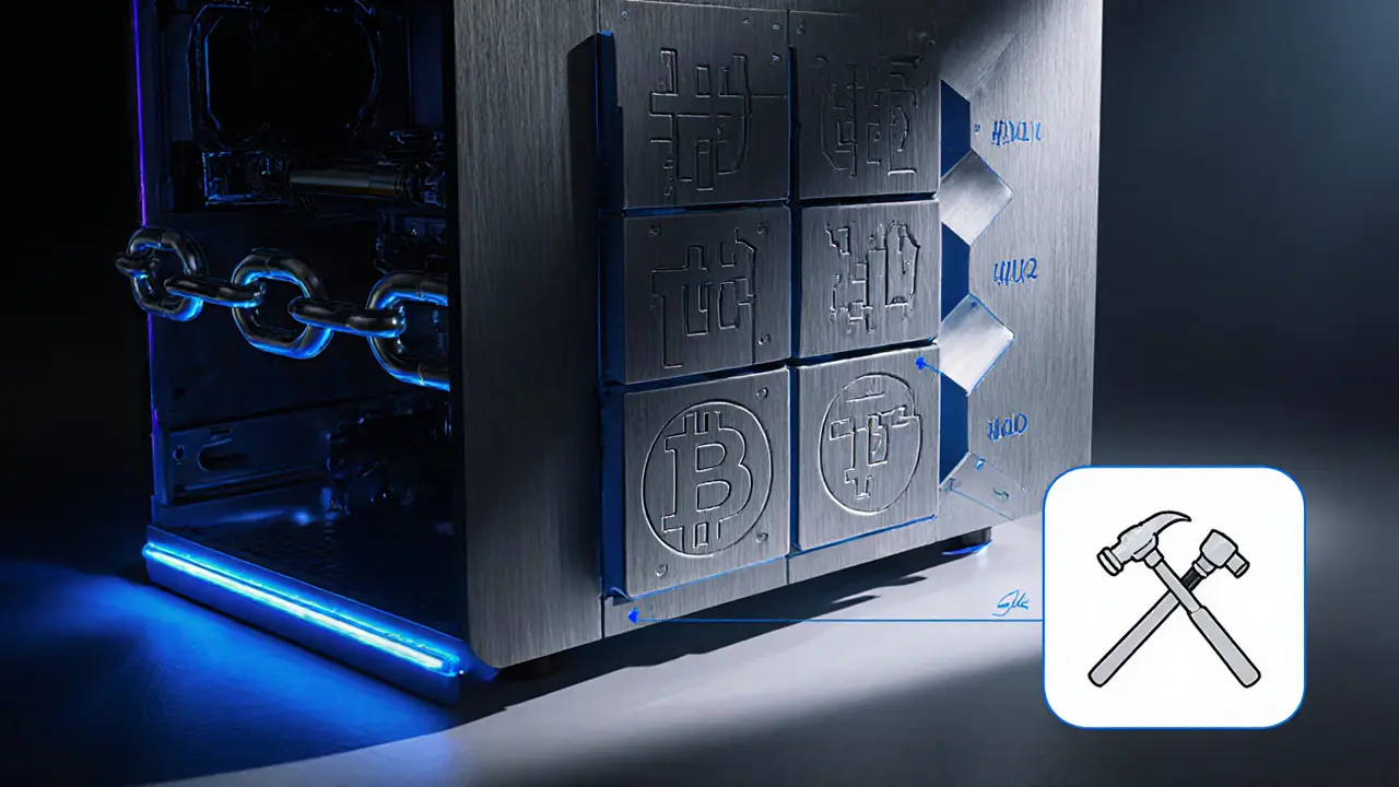 Sketch of a modular Bitcoin mining rig with interlocking block panels and PoW symbols.