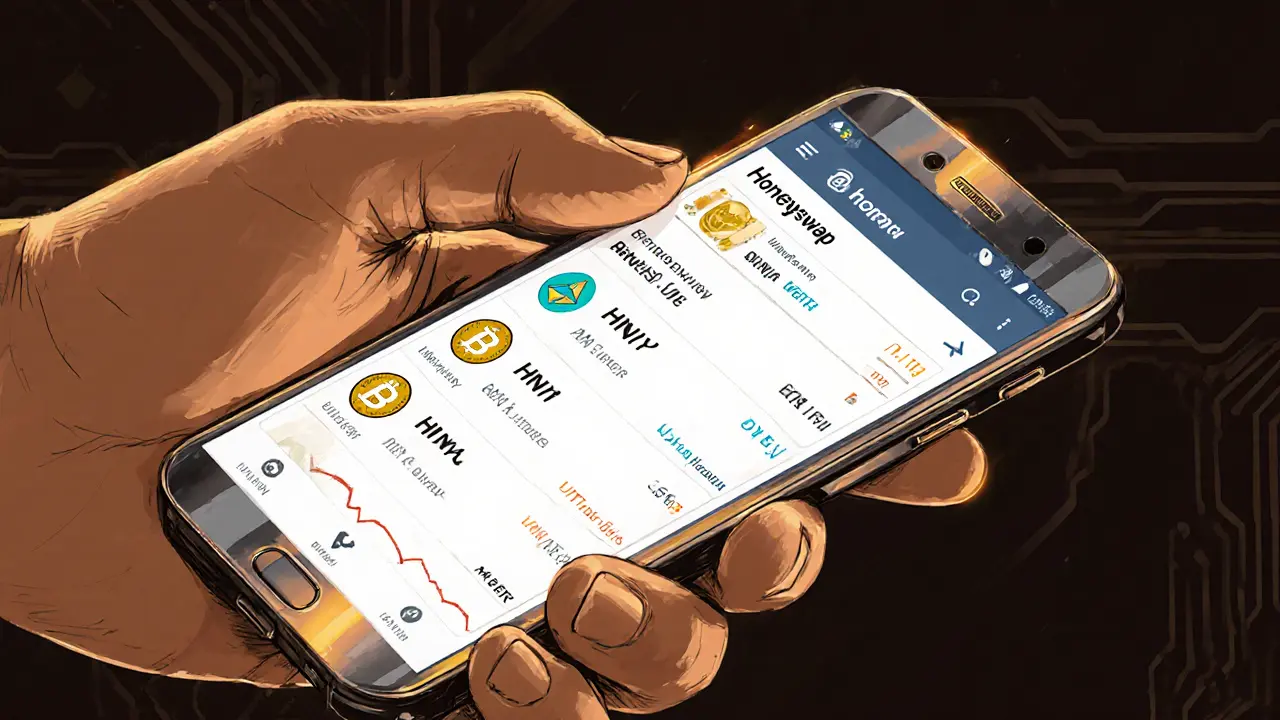 Sketch of a phone displaying Trust Wallet swapping ETH for HNY on Honeyswap.