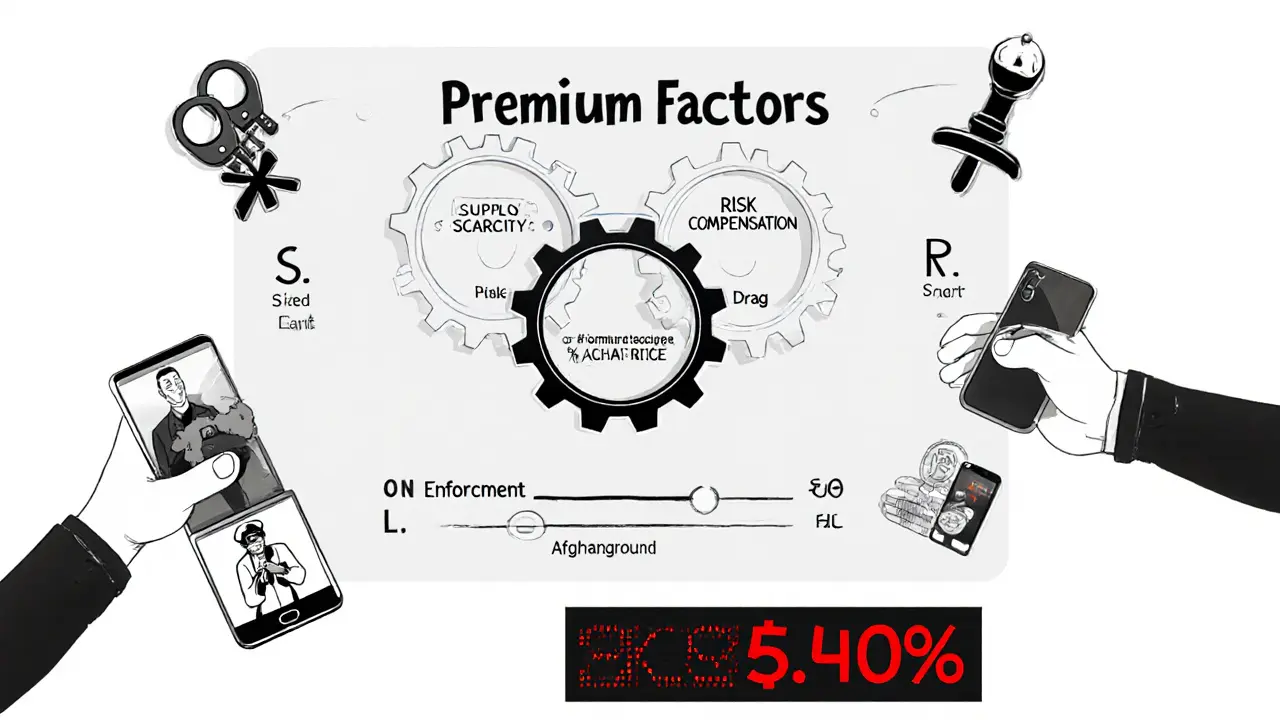 Sketch of a pricing model board with gears and enforcement icons showing premium factors.