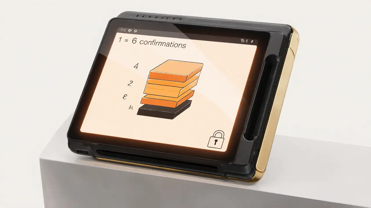 Sketch of a sleek merchant terminal showing six confirmation layers on its screen.