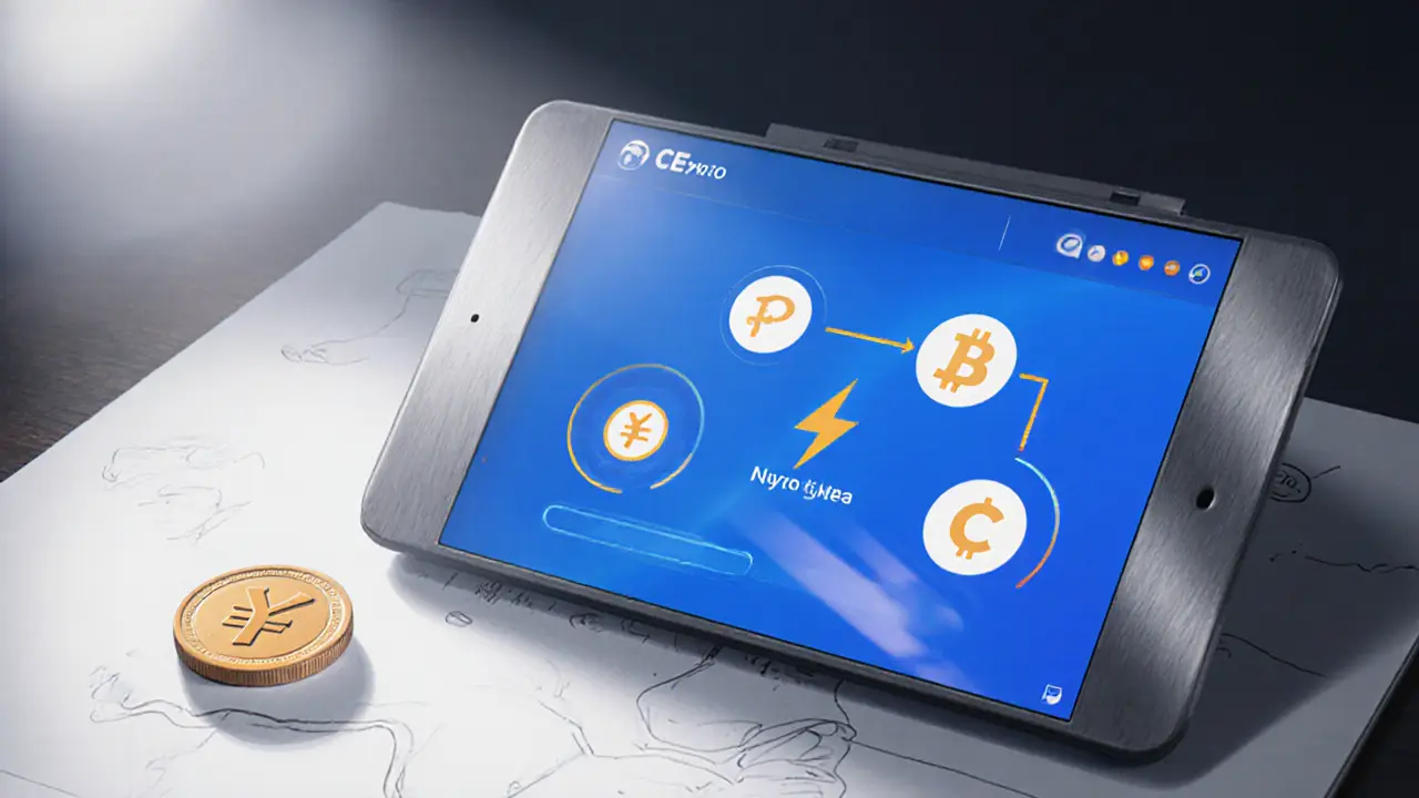 Sketch of a sleek tablet displaying an abstract crypto conversion interface.