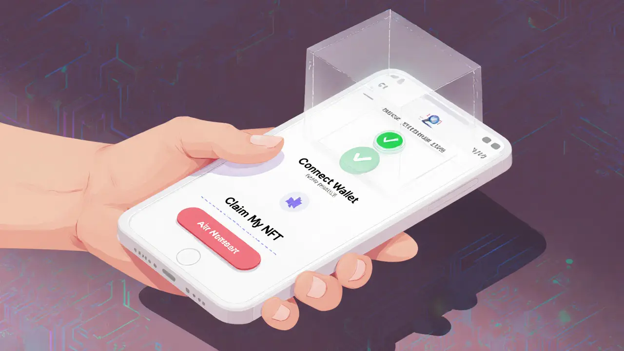 Sketch of a smartphone UI showing wallet connection and NFT claim buttons.