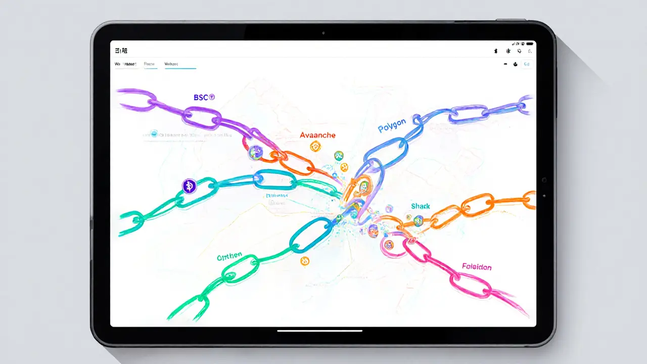 Sketch of a tablet dashboard with colorful interlocking chain links and small coin symbols representing multi‑chain trading and low fees.