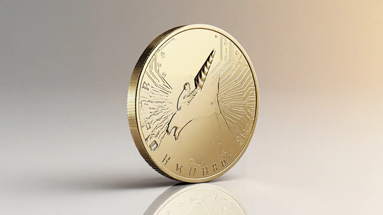 Sketch of the LEOS token coin with a unicorn horn design.