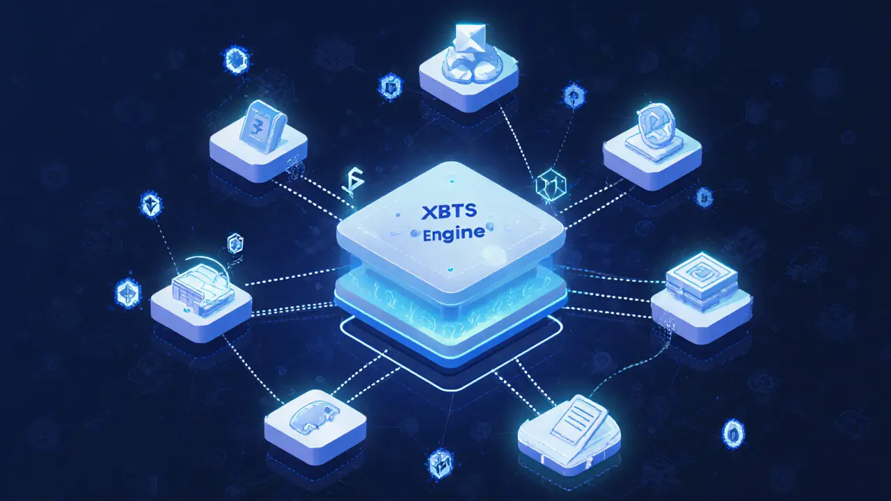 Sketch of XBTS.io hub connecting various wallet icons and blockchain nodes.