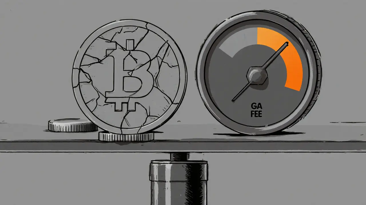 Sketch showing a cracked Ishi token on a thin liquidity pipe weighed down by a big gas‑fee coin.
