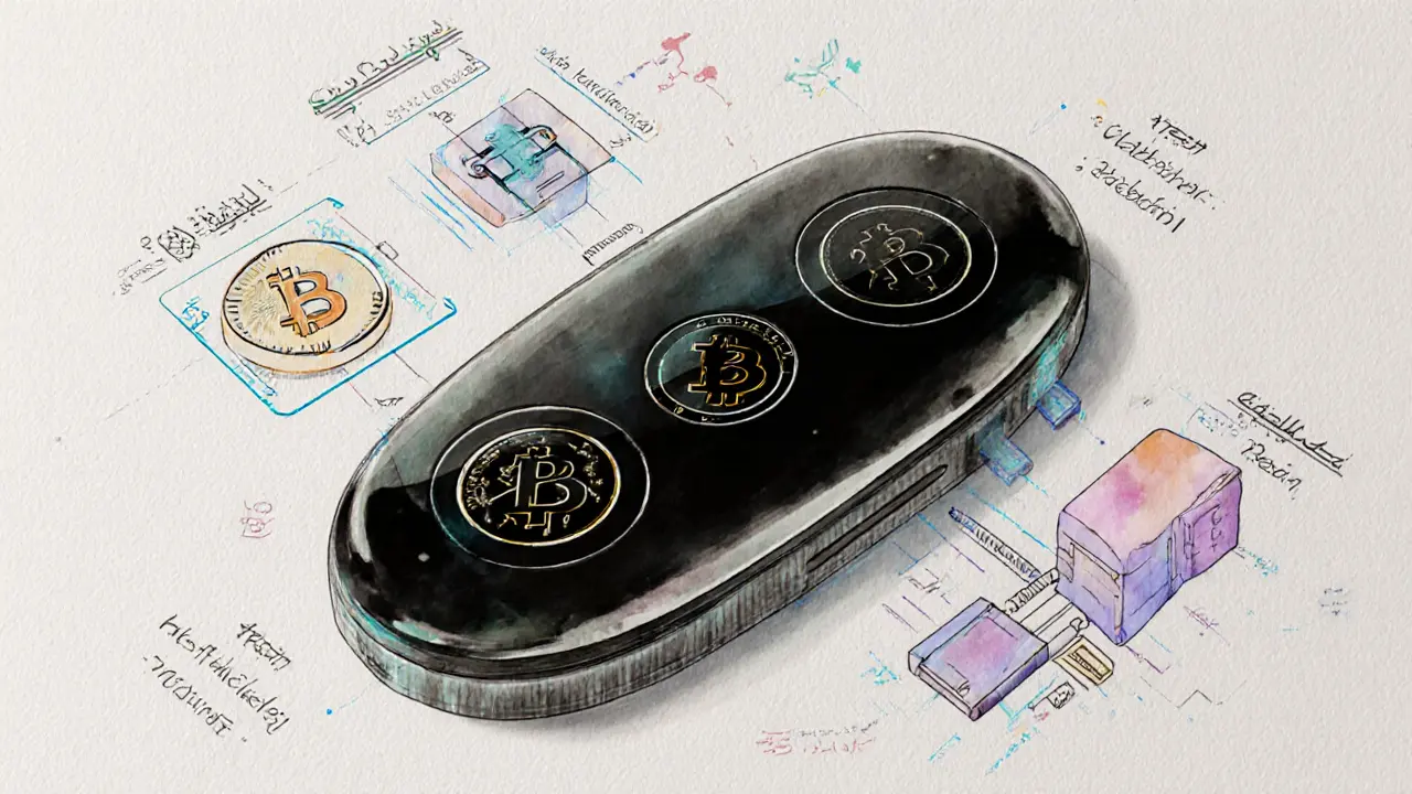 Sleek portable crypto wallet with halal token indicators and security schematics