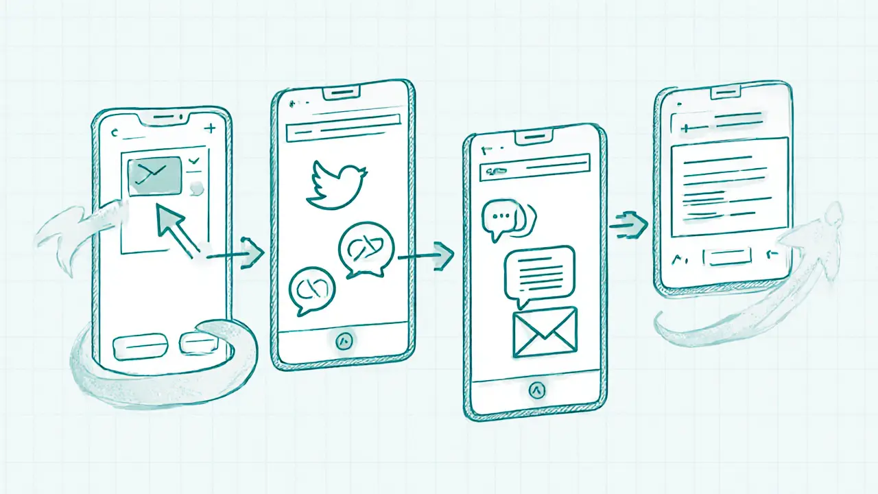 Storyboard sketch of five steps: watchlist, Twitter, Telegram, retweet, email.