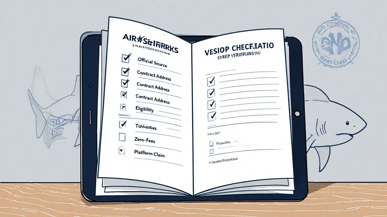 Tablet displaying a checklist for verifying airdrop legitimacy with related icons.