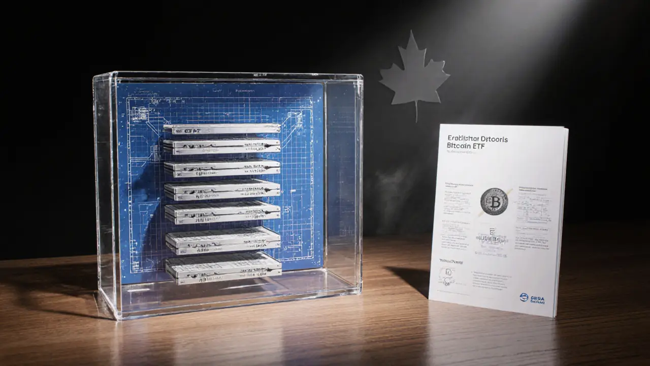 Transparent vault showing stacked hardware wallets beside a glossy brochure on a desk.