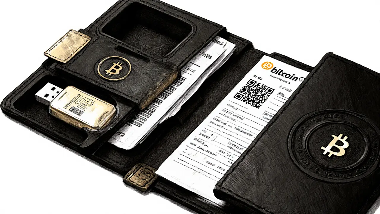 A compact covert trading kit with USB, QR code, and receipt template in a leather portfolio.