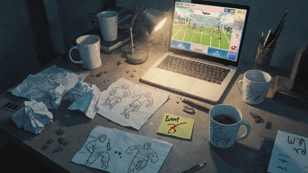 A designer&#039;s desk with abandoned TopGoal NFT prototypes and a broken game interface on screen.