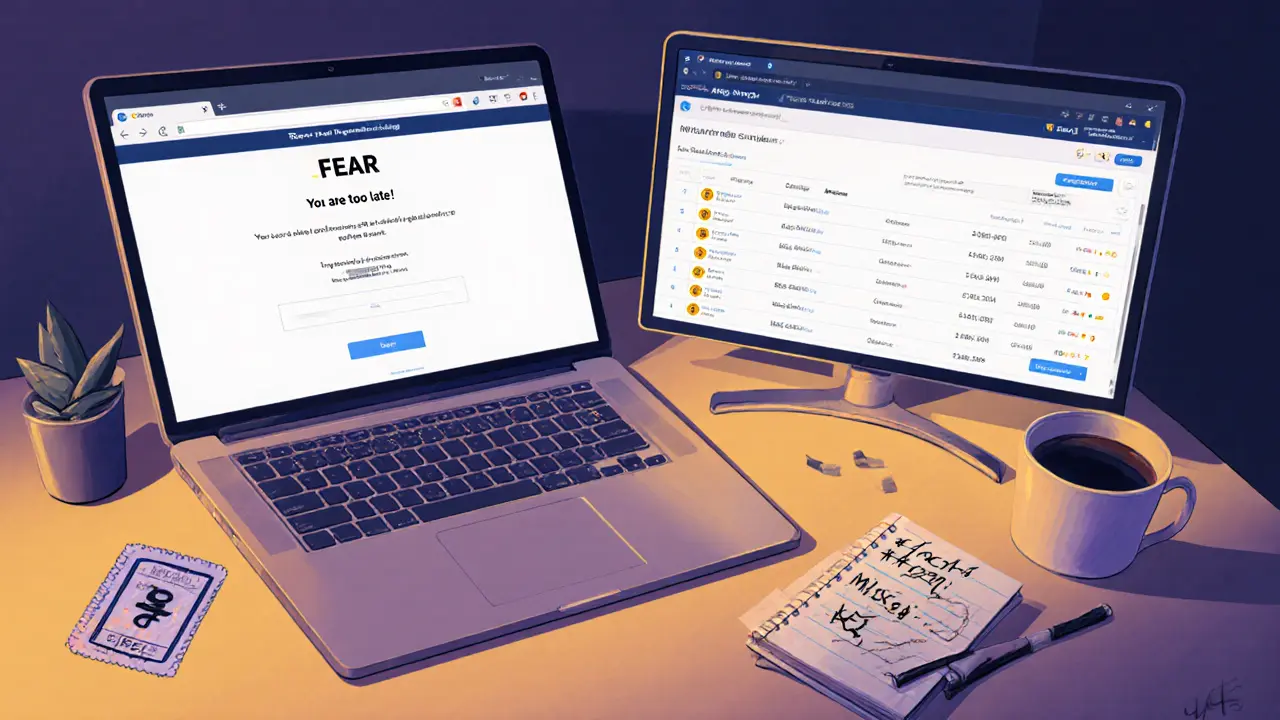 A desktop scene with a laptop showing an expired airdrop message, inactive token balances, and a discarded NFT ticket.