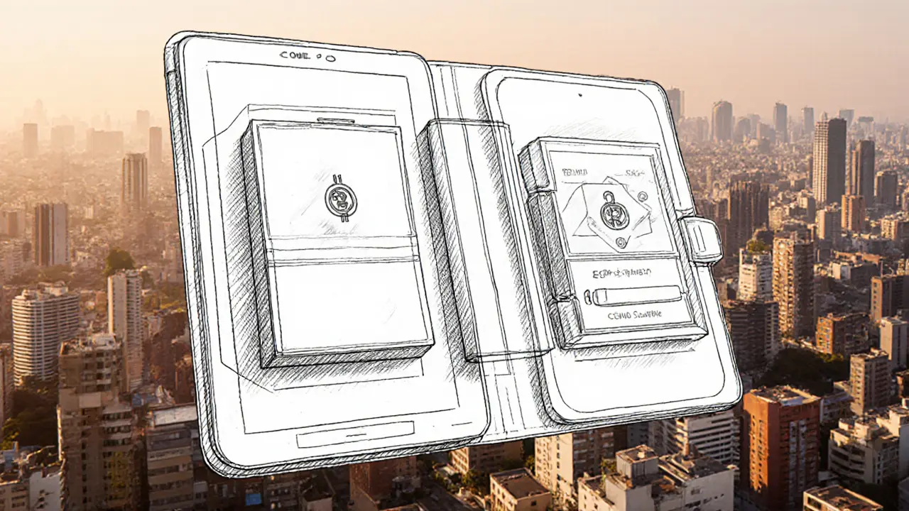 A foldable tablet showing Bitcoin multisig and escrow system, with city silhouettes in background.