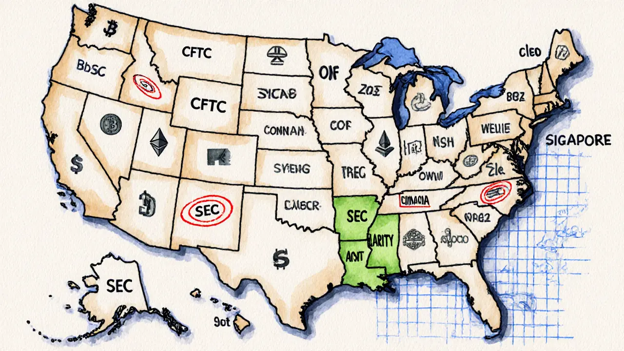 A fragmented U.S. map of crypto tokens, some connected, others drifting away.