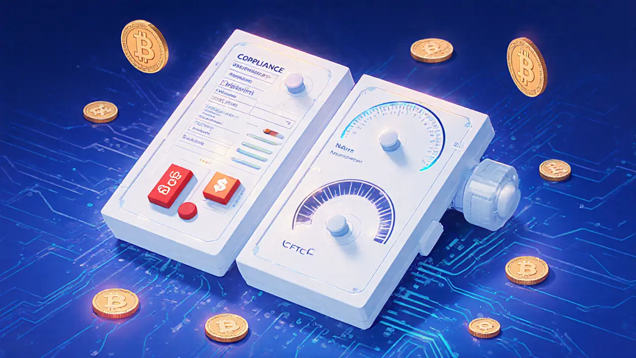 A futuristic crypto exchange interface with dual SEC and CFTC control panels.