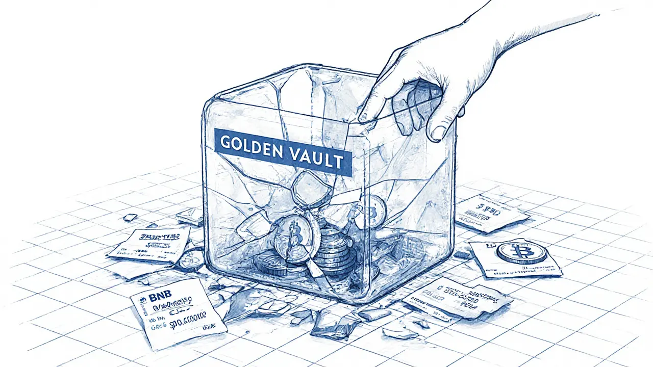 A shattered Golden Vault contract box with negligible BNB rewards and high gas fees.