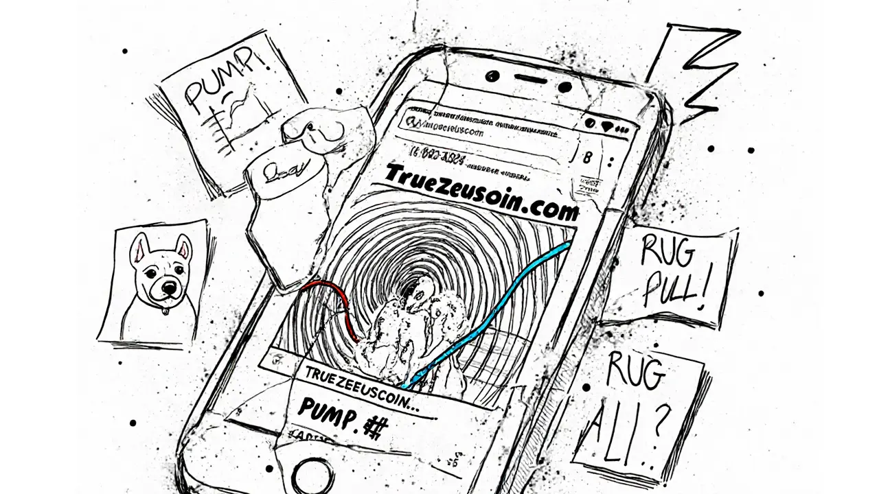 A smartphone showing a wild price chart and the Zeus coin website, with scribbled warnings around it.