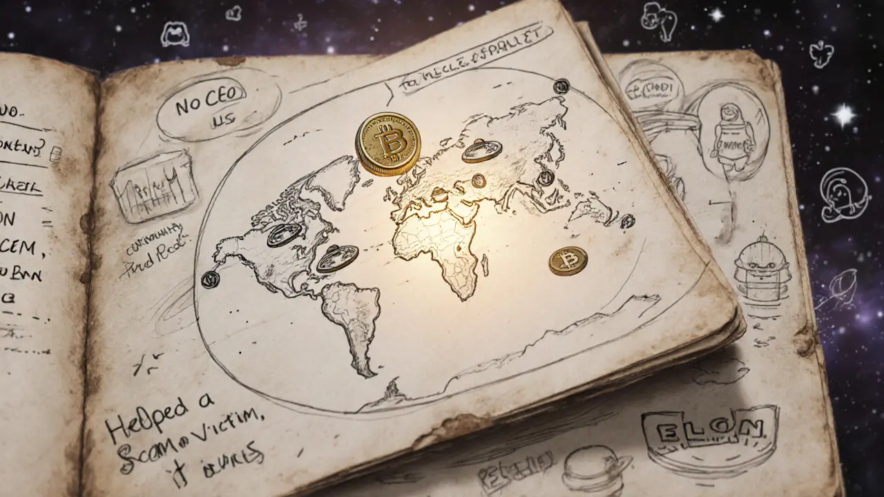 A vintage space journal open to a hand-drawn solar system map with ELON tokens as ships and handwritten community notes.