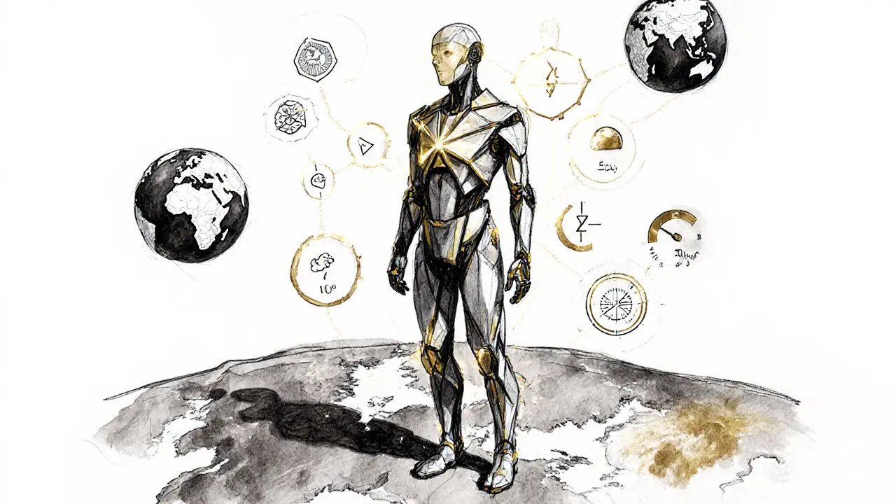 Abstract AI agent made of glowing geometric shards, learning behaviors in a digital environment.