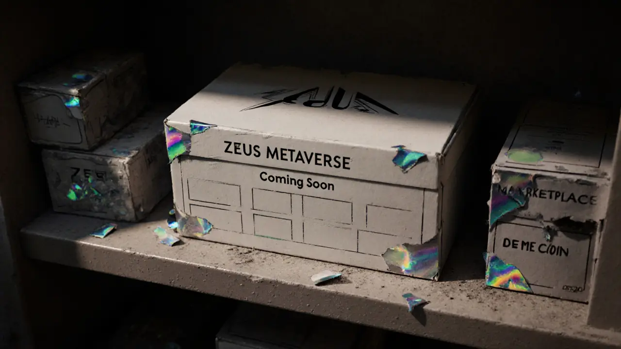 An abandoned product box labeled &#039;Zeus Metaverse&#039; on a dusty shelf with other failed crypto prototypes.