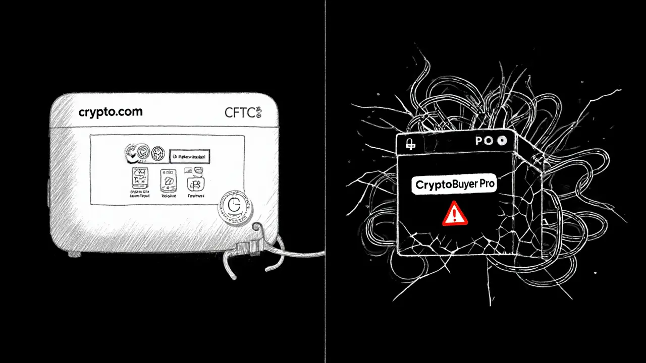 Contrasting sketch of legitimate exchange vs. cracked scam box with warning triangle.